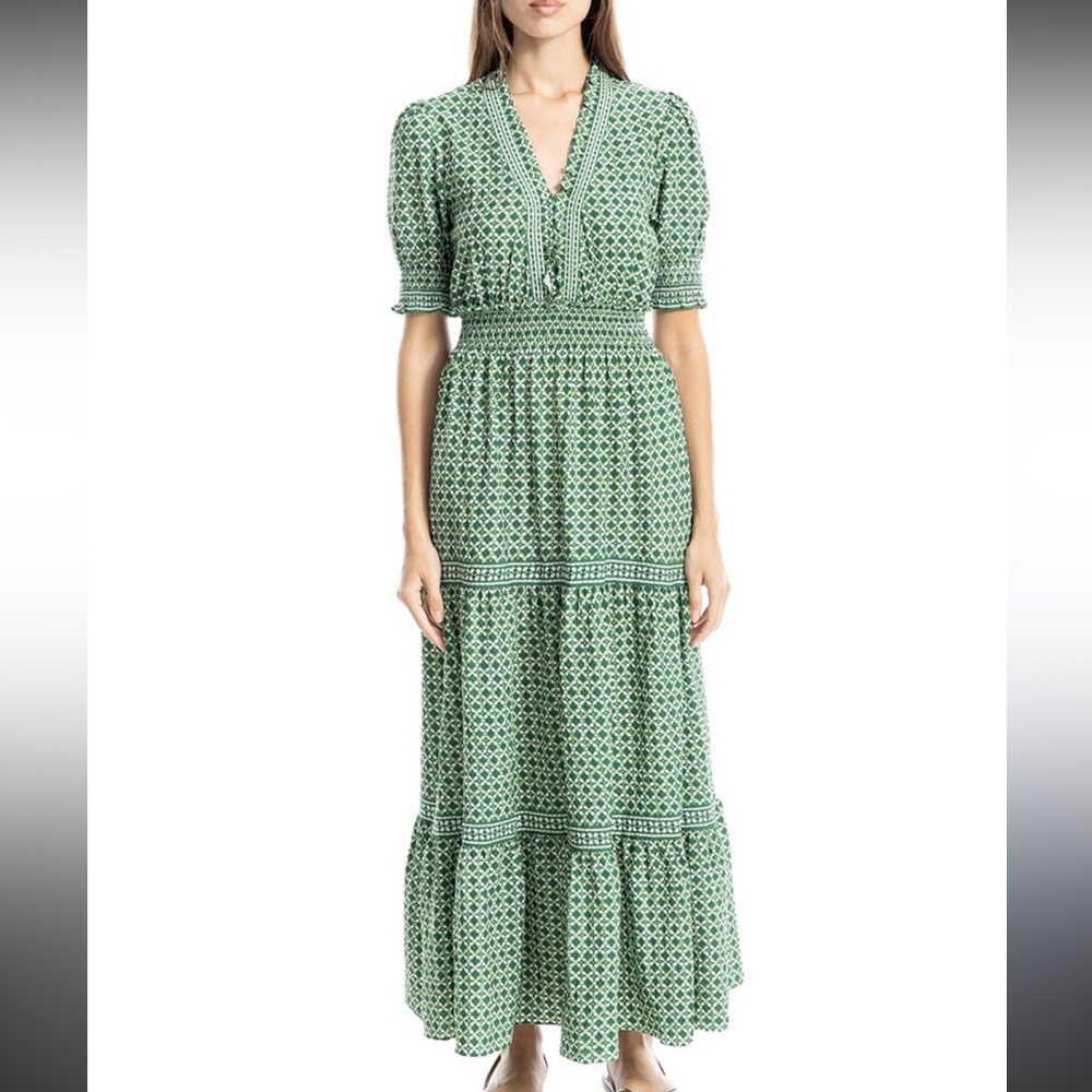 Max Studio Green Geo-Print Tiered Maxi Dress